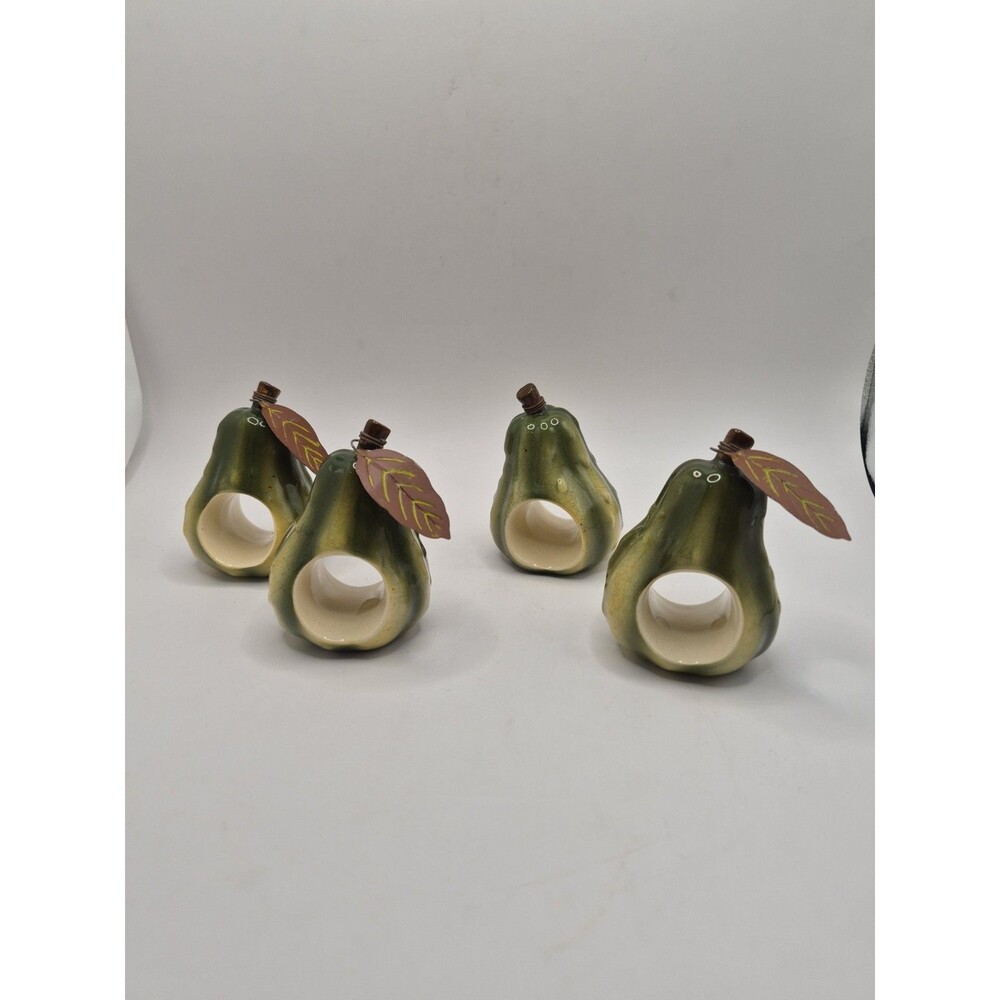 Set Of 4 Vtg Russ Pear Shaped Napkin Rings Holders Hand-painted Ceramic Fruit